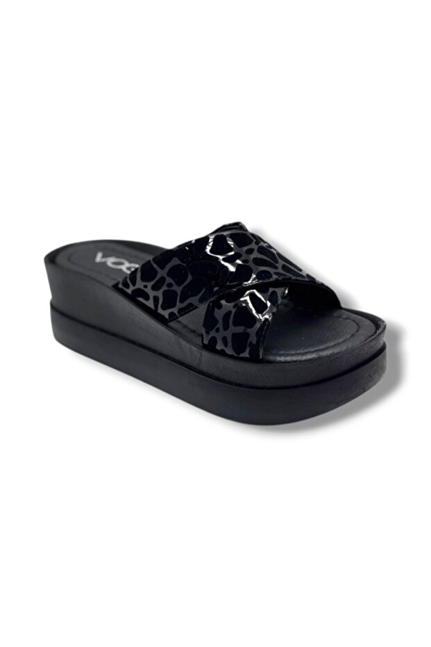 2500-274 Patent Leather Leopard Patterned Anatomical Wedge Sole Women's Slippers