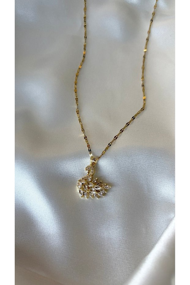 Women's Gold Color Stone Swan Model Steel Necklace