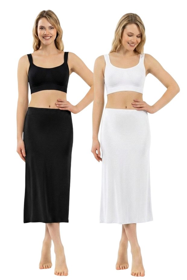 Women's Viscose Fabric Below Knee Long Skirt Dress Lining Underskirt Petticoat 2 Pack Black White