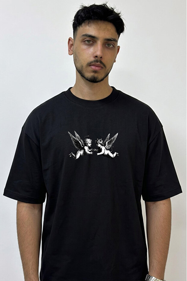 Angel Devil_1 Design Printed Oversize Black T-Shirt