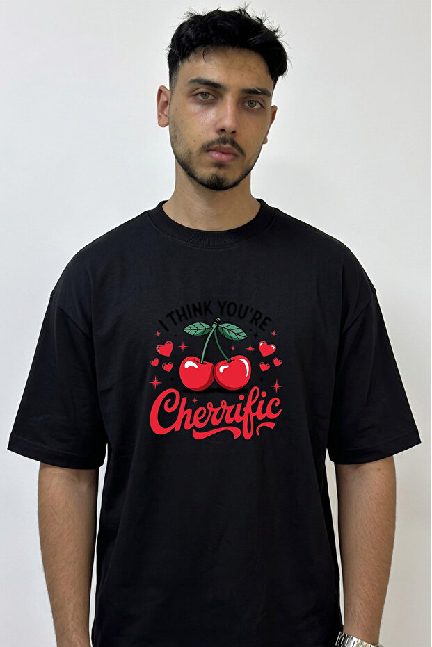 Cherry Cherrific Design Printed Oversize Black T-Shirt