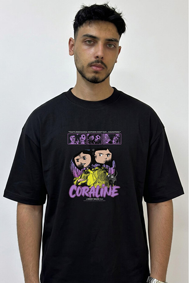 Coraline_1 Design Printed Oversize Black T-Shirt