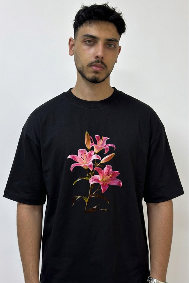 Pink Lily_2 Design Printed Oversize Black T-Shirt