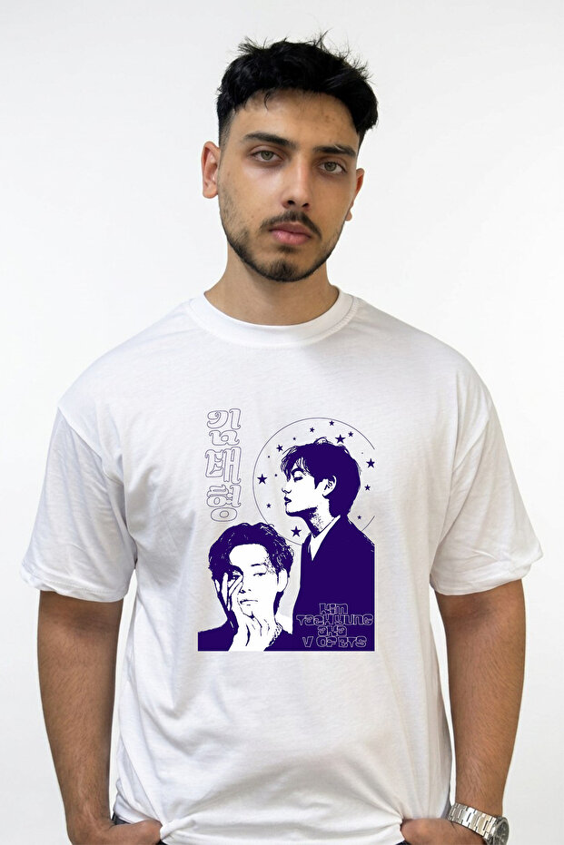 Kim Taehyung_2 Design Printed Oversize White T-Shirt