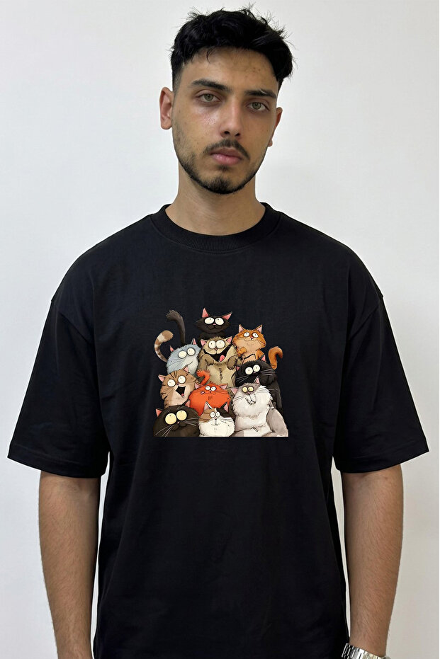 Funny Cats Design Printed Oversize Black T-Shirt