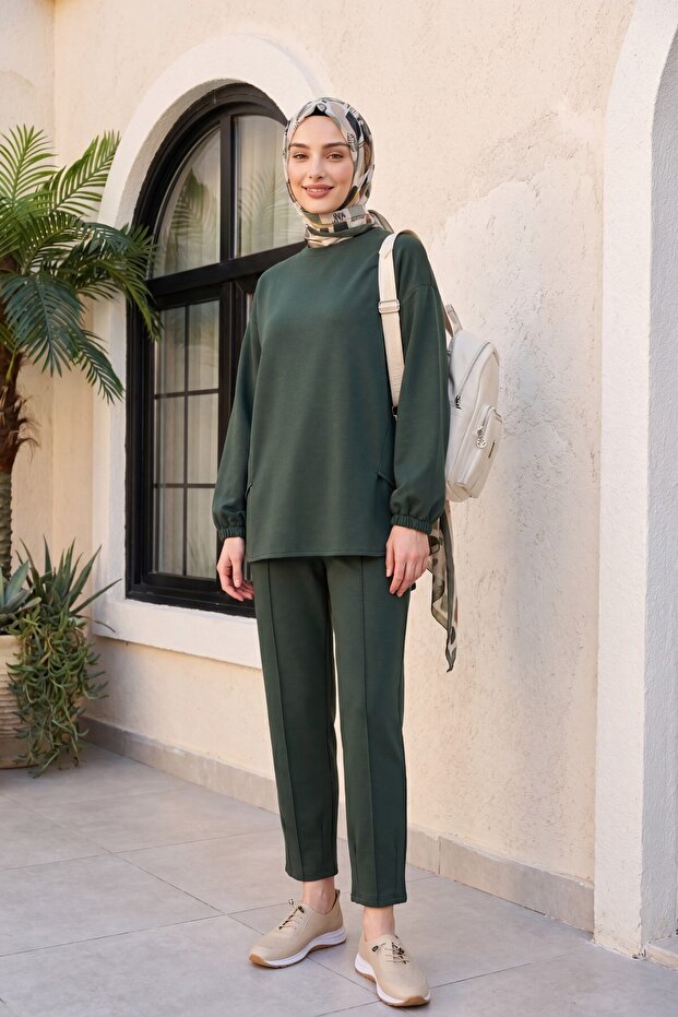 Long Back Cycling Collar Top and Elastic Sleeve Pants Set -Khaki