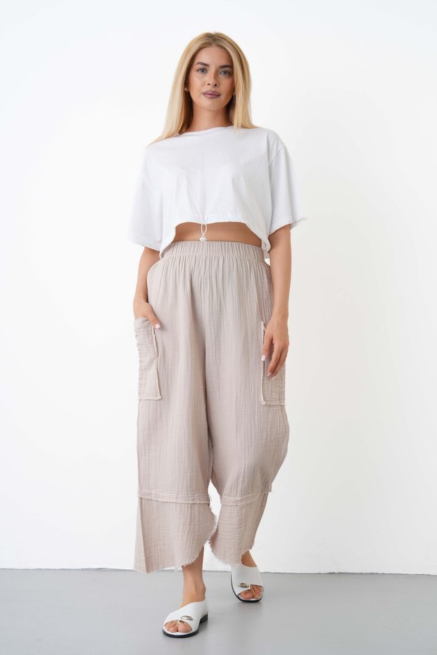 100% Cotton Muslin Shalwar Trousers Women's High Waist Oversize Relaxed Cut Black Summer Trousers with Pockets