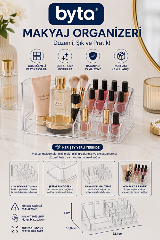 Large Transparent Makeup Organizer – Multi-Compartment Cosmetic, Lipstick, and Brush Organizer
