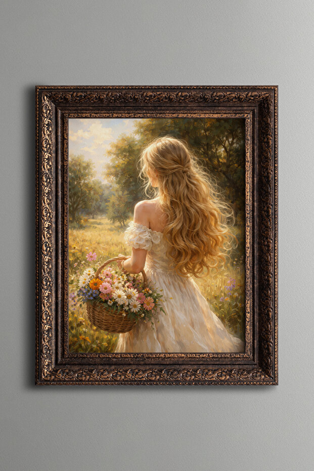 Girl with a Flower Basket – Vintage Patterned Painting – Thick Model