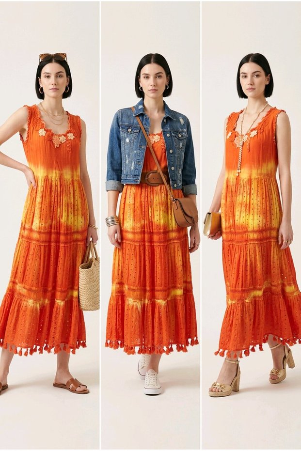 Women's Orange Yellow Tie-Dye Patterned Collar Lace-Up Tasseled Bohemian Maxi Dress
