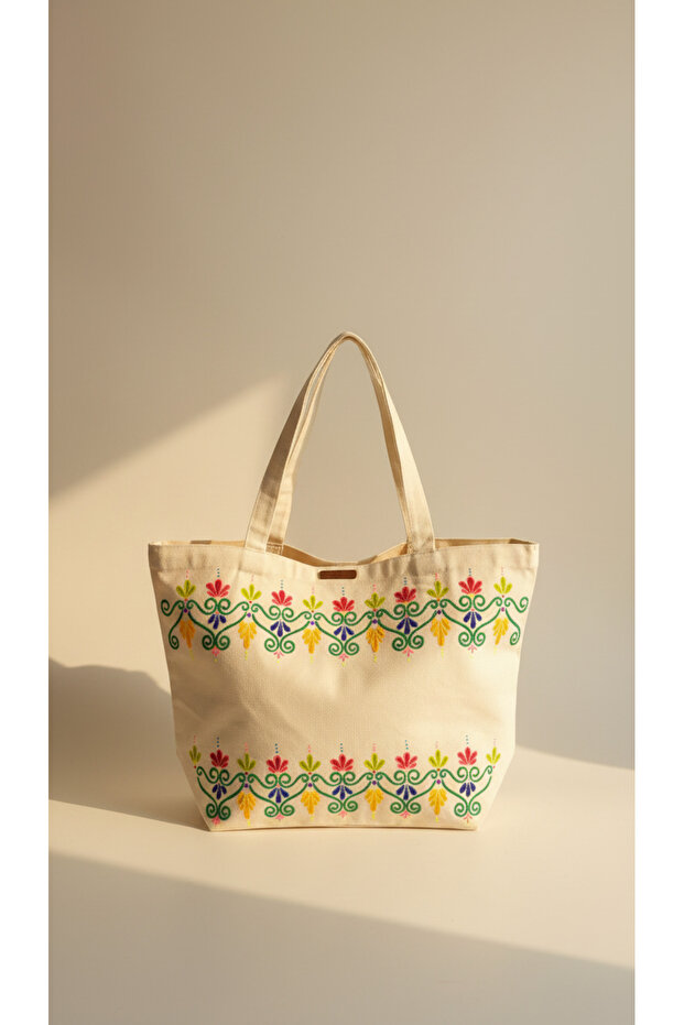 Folk Border Hand-Painted Premium Canvas Tote Bag