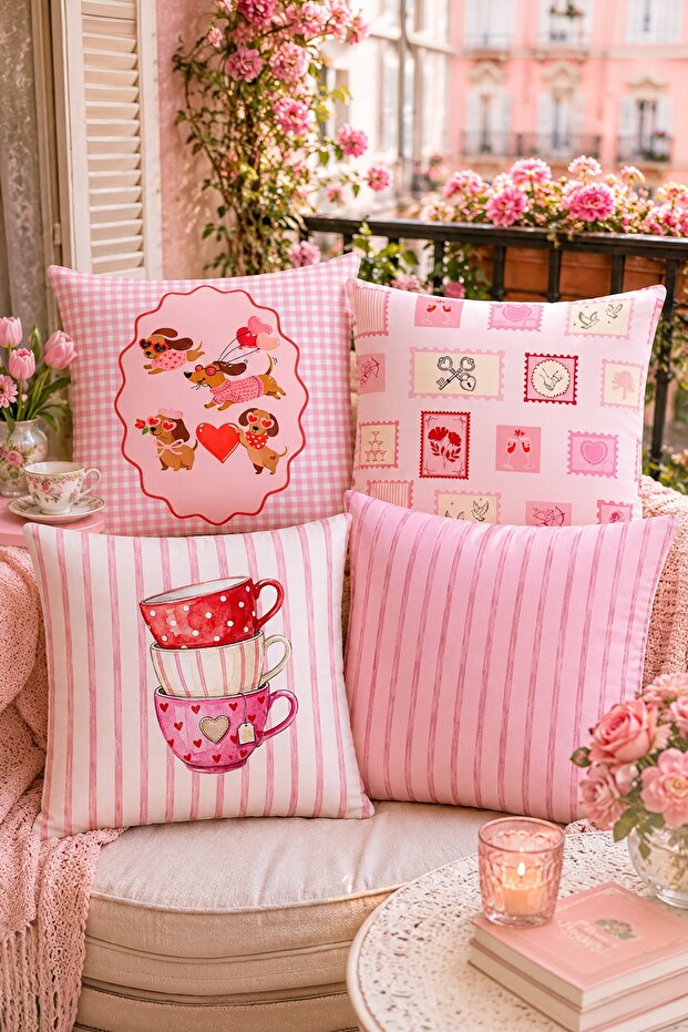 Pink Dogs Patterned 4-Piece Throw Pillow Cover Set