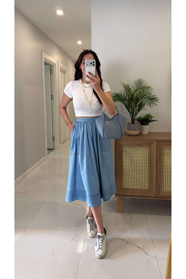 Cs Avşa Ice Blue Denim Tencel Skirt