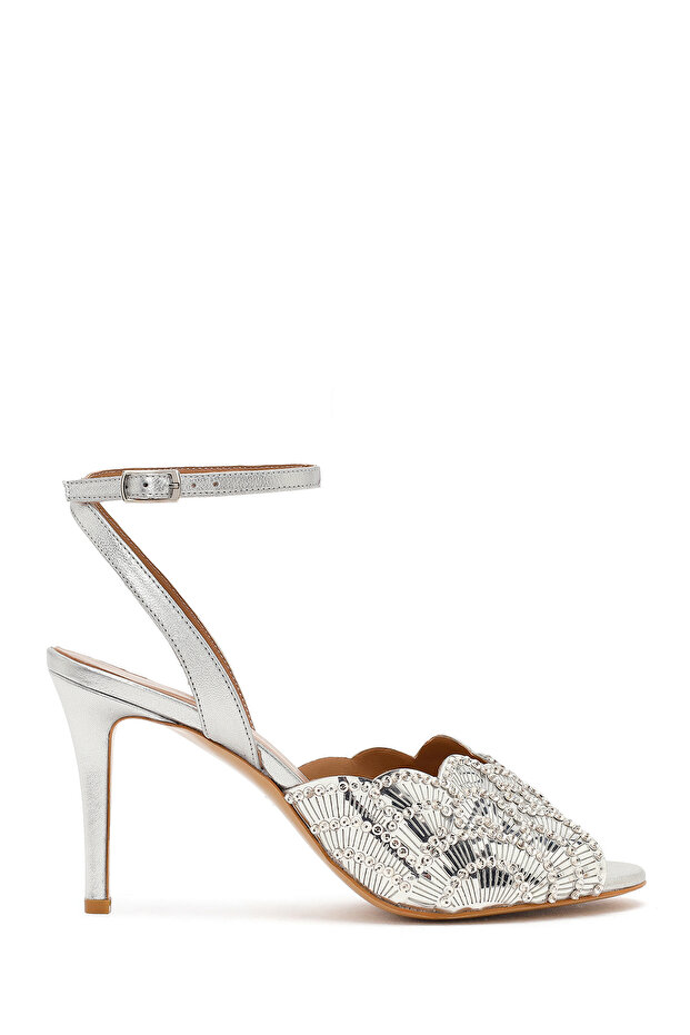 Women's Silver Ankle Buckle Stone Detailed Thin Heeled Leather Sandals 26Sfd121414