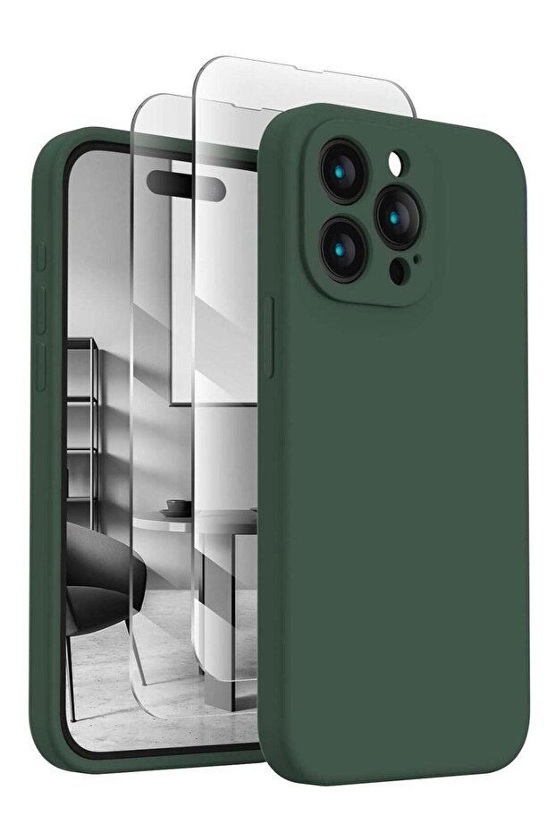 Designed for iPhone 15 Pro Max Case, Silicone, Camera Protection, 2 Screen Protectors, Alpine Green