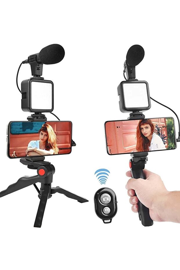 AY-49 Video Vlogger Kits Microphone LED Fill Light Mini Tripod For Phone Vlog Video Recording Condenser