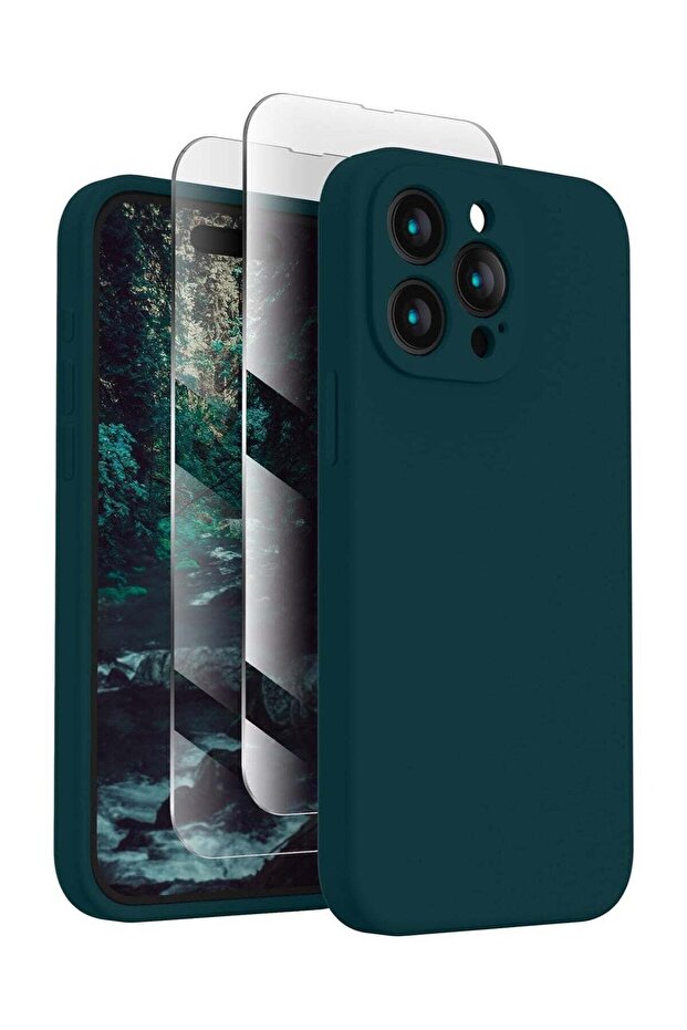Silicone Case for iPhone 15 Pro Max, Camera Protection, 2 Screen Protectors, Teal
