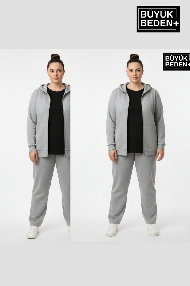 Women's Large Size Zippered Hooded 2-Piece Set Thin Sweatshirt Cardigan - Comfortable Fit Spr26Bhrk960+2