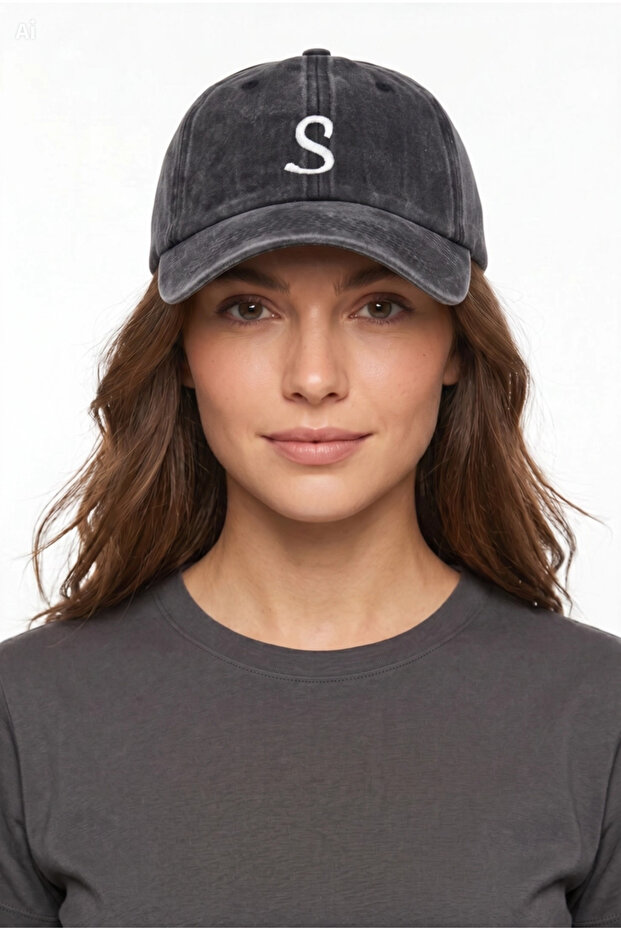 Black Embroidered Washable Vintage Unisex Hat with Letter S