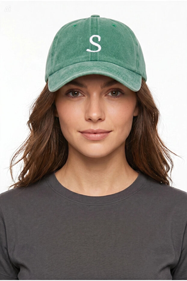 Light Green Embroidered Washable Vintage Unisex Hat with Letter S