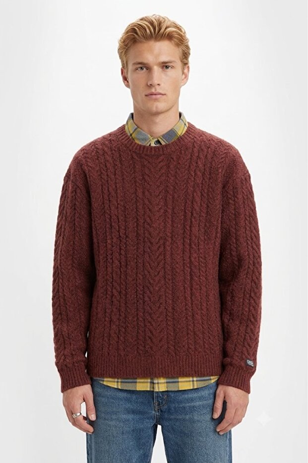 Battery Crewneck Men's Burgundy Round Neck Relaxed Fit Sweater