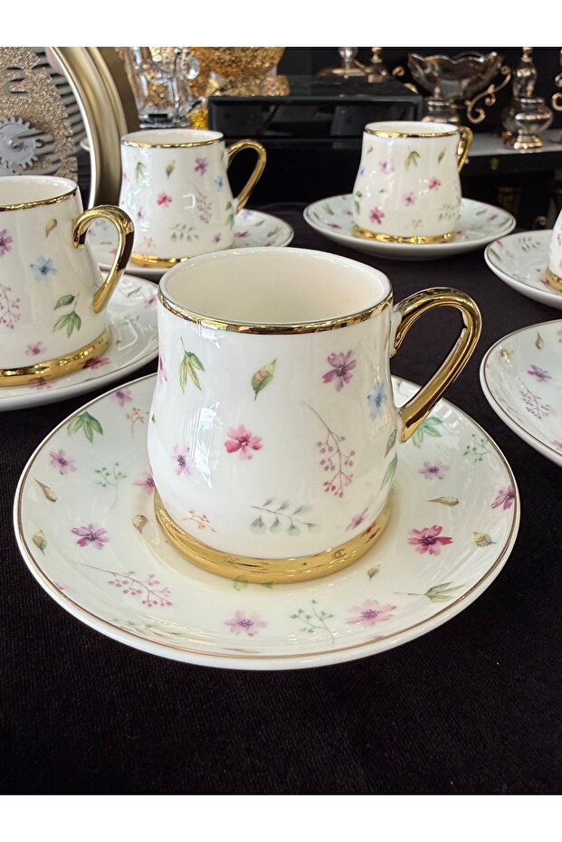 6-Piece Flower-Patterned Golded Coffee Cup Set 90 ml
