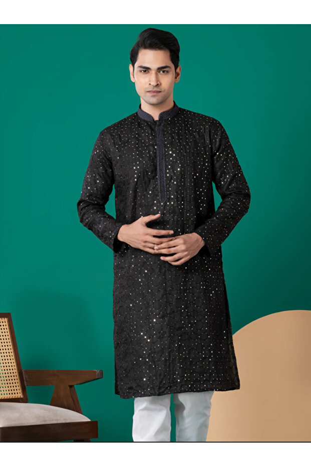 Mens Thread & Sequins Work Cotton Kurta Set