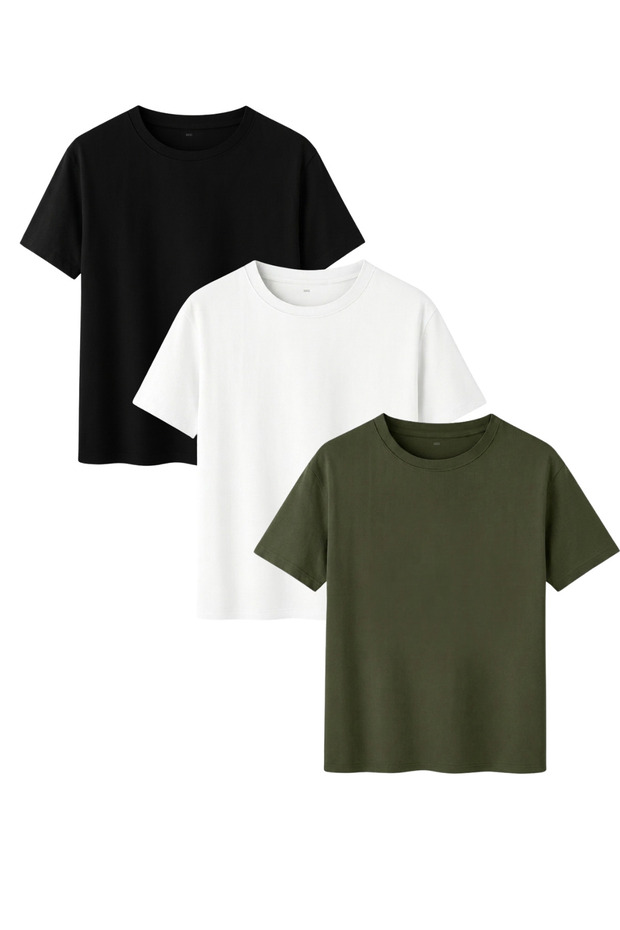 Men's 3-Pack Cotton Short Sleeve Crew Neck Comfortable Fit Basic T-Shirt Black White Khaki