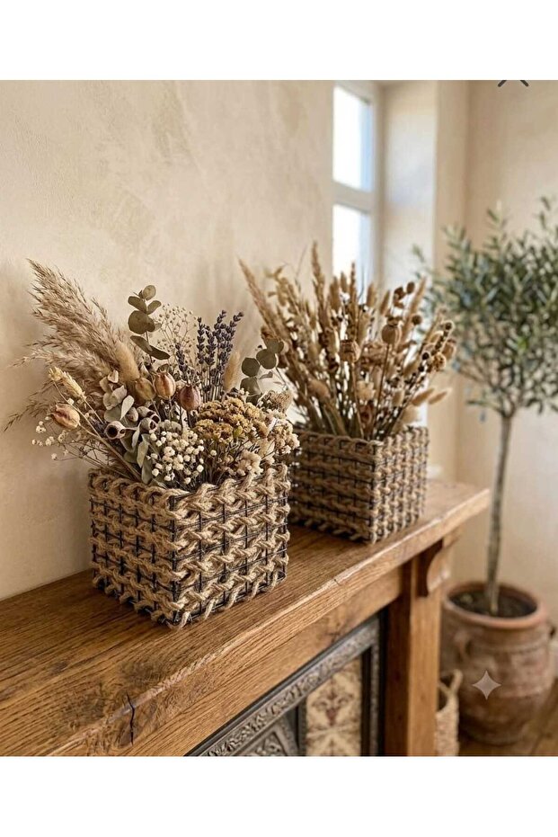Wicker Weaving Decorative 2-Piece Square Corner Vase Set Natural Jute Handmade Vase