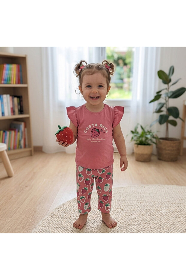 Orange Strawberry Patterned T-Shirt Leggings Set 2-3-4-5 Years Old