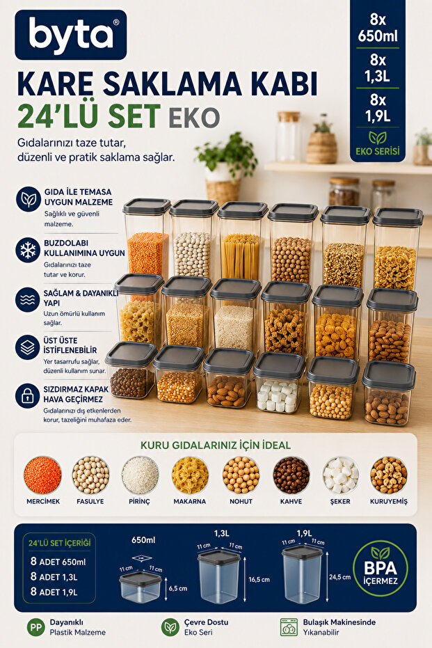 Eko 24-Piece Square Food Storage Container Set 8X650 ml + 8X1.3 L + 8X1.9 L Plastic Food Storage Container with Lids Transparent Kitchen Organization Set