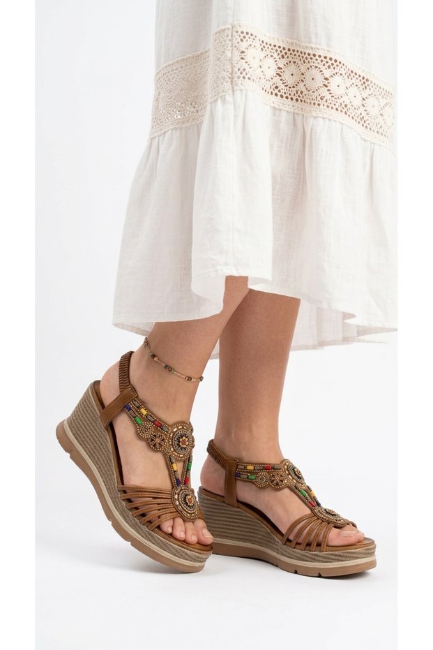 Takira Women's Leather Bohemian Ethnic Patterned Bead Embroidered Sandals Wooden Heel Tie-Up Wedge Heel Sandals
