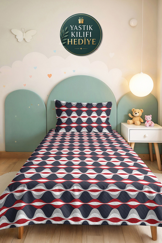 Navy Blue Geometric Youth Room Single Pique Set-Modern Red 160X220Cm Quilted Bedspread