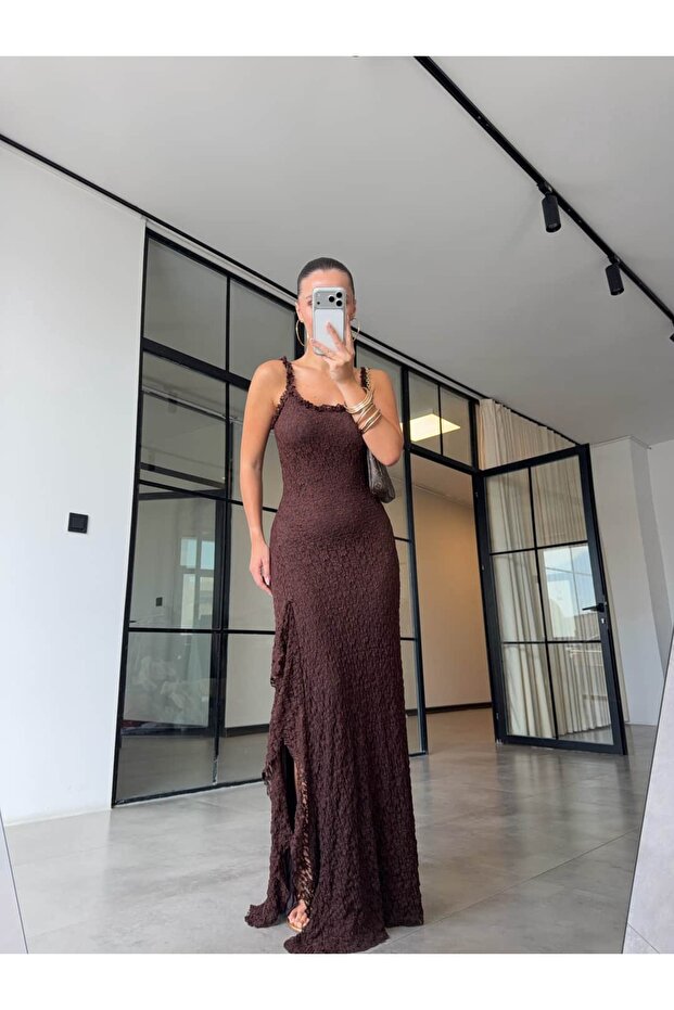 Straped Slit Lace Dress Brown