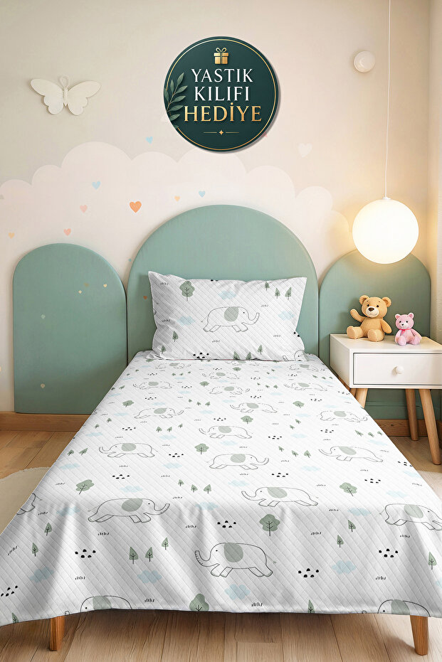 Elephant Patterned Pastel Children's Room Single Pique Set-Nordic Cloud Gray 160X220 cm Bedspread