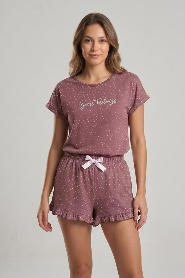 Text Printed Ornamental Ribbon Cuffed Long Sleeve Shorts Pajama Set