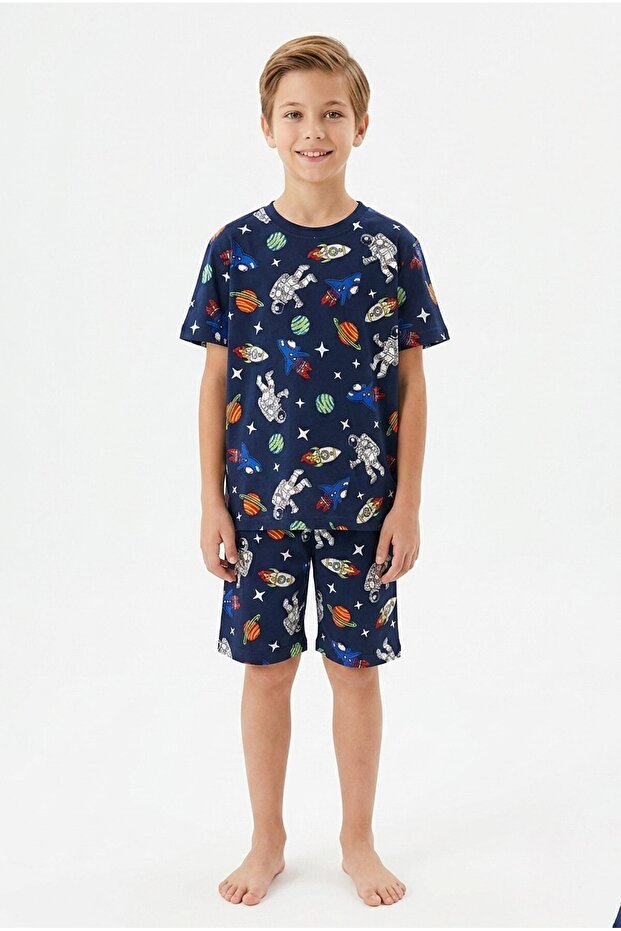 3-13 Years Old Boys' Planet Patterned 100% Cotton Short Sleeve Shorts Pajama Set