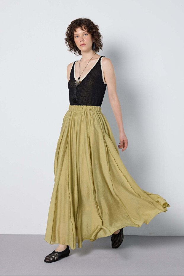 Tencel Paneled Flared Skirt Oil Green 31045