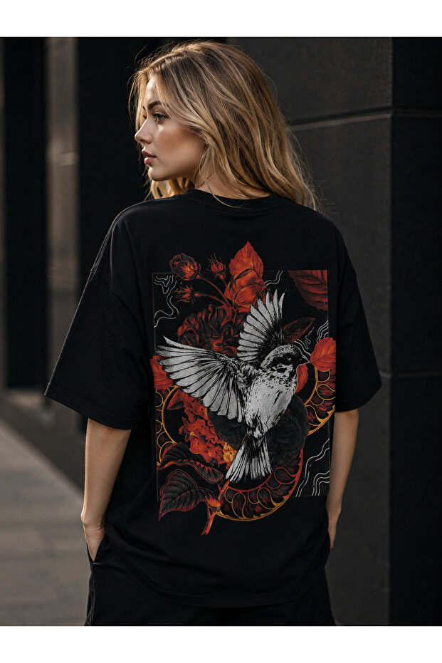 Crimson Wings Oversized Black T-Shirt – Nature Art Edition