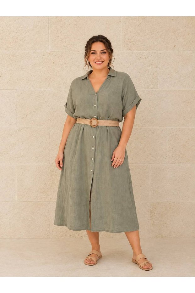 Women's Straw Belted Full Buttoned Cotton Fabric Dress 42-46