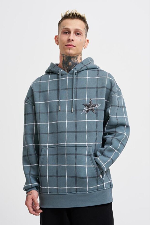 Men's Leather Applique Hooded Sweatshirt Blue Smoke