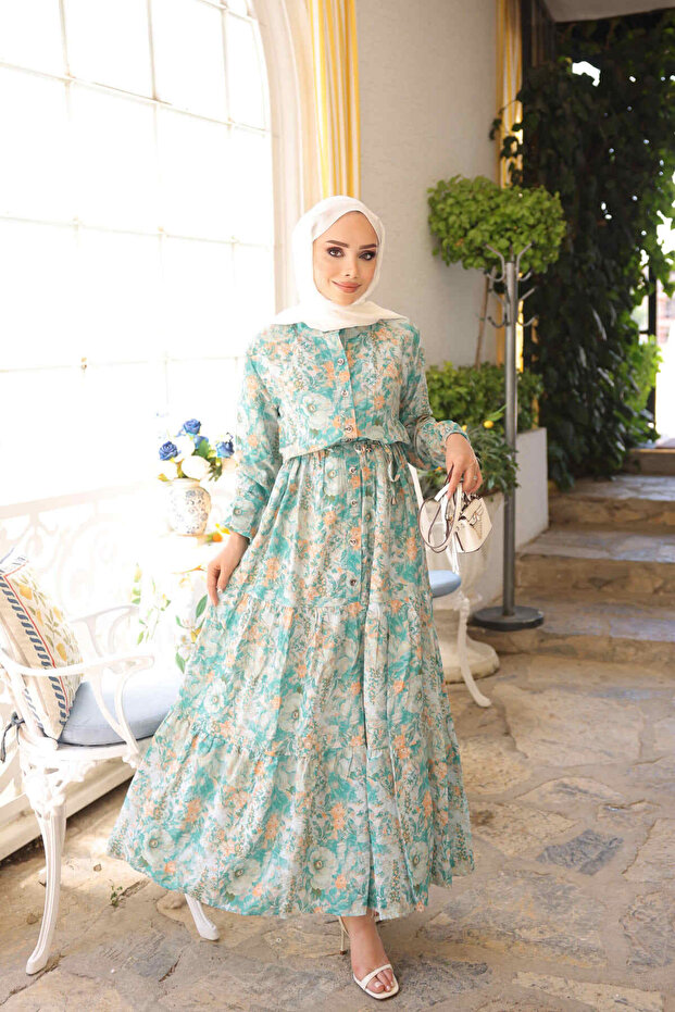 Mint Green Half Buttoned Layered Skirt Dress with Elastic Sleeves