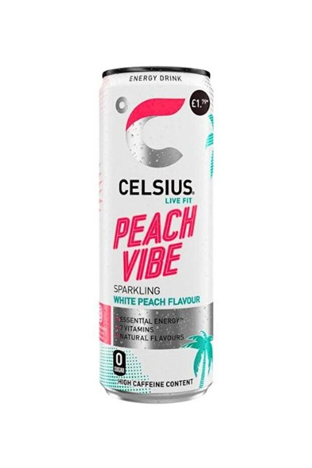 Peach Vibe Sparkling Energy Drink, White Peach, Zero Sugar, 355ml