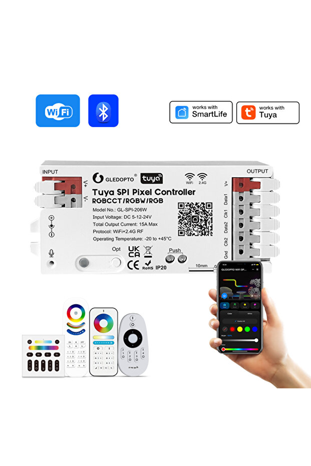 وحدة تحكم واي فاي SPI تويا للتحكم في إضاءة LED، متوافقة مع RGBCCT وRGBW وRGB، مع ميزة المزامنة مع الموسيقى عبر الواي فاي