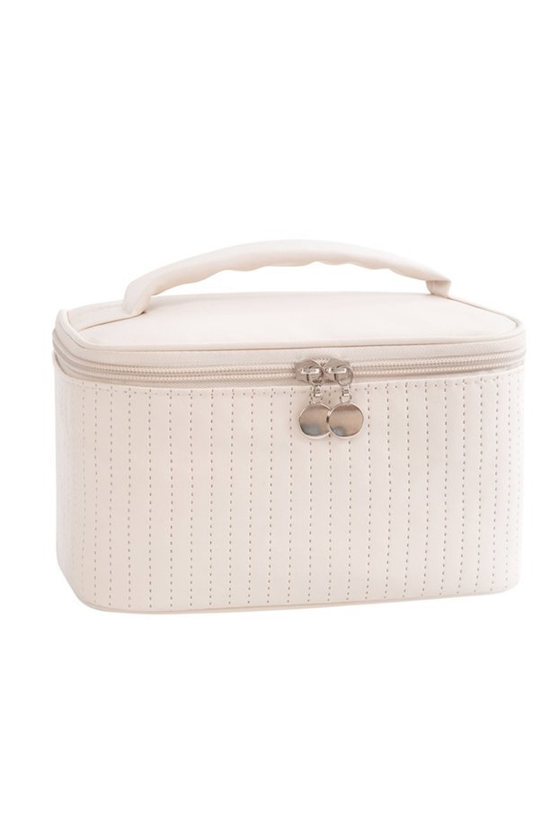 Beige Handheld Solid Color PU Leather Cosmetic Organization Storage Bag Portable Travel Toiletry Pou