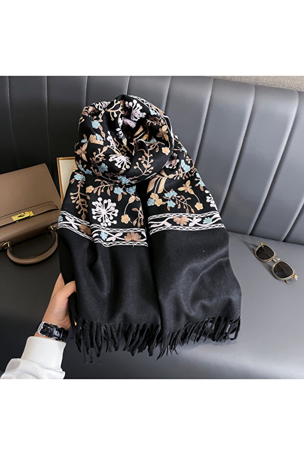 black New Winter Warm Cashmere Scarf for Women Embroidery Pashmina Blanket Thick Shawl Wrap Neckerch