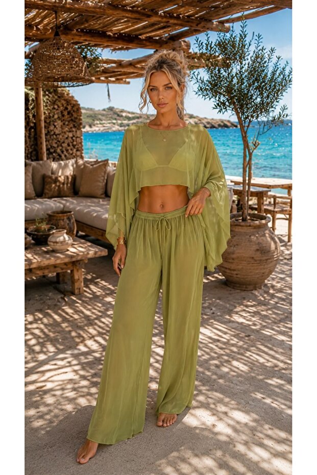 Green Lux Chiffon Fabric Blouse and Pants Beach Wear 2 Piece Set L/Xl