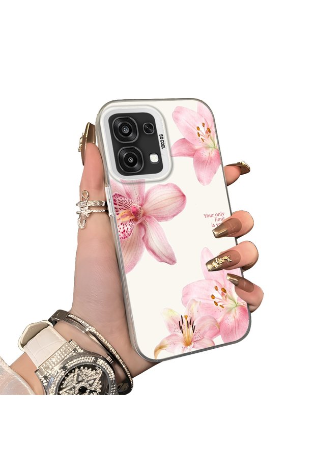 Oppo A6 Pro 5g Compatible Silicone Edge Hard Back Case Couple Phone Case with Floral Pattern