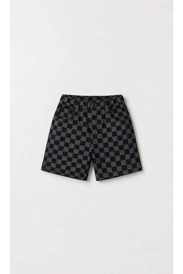 Children's Black Checkered Denim Shorts High Waist Comfortable Fit Casual Jean Shorts