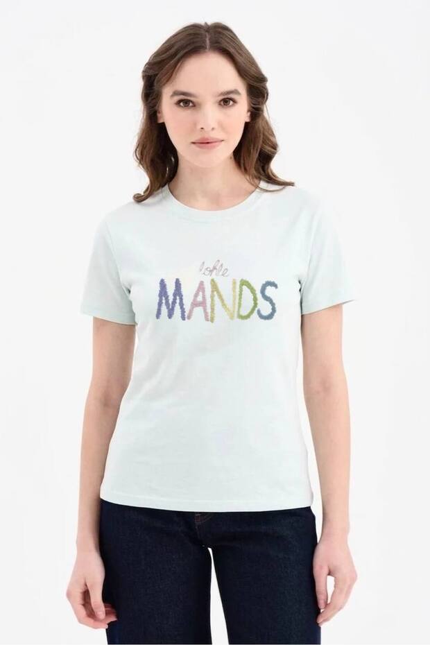Women's 100% cotton sequin embroidered detail short sleeve t-shirt